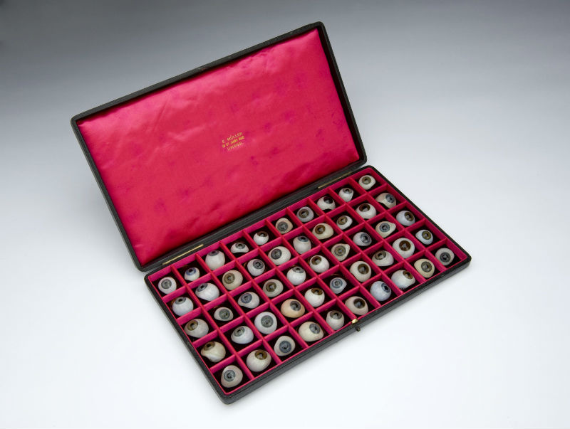 Set of 50 artificial glass eyes, all shapes and sizes, by E. Muller, Liverpool, English. c. Science Museum, SSPL