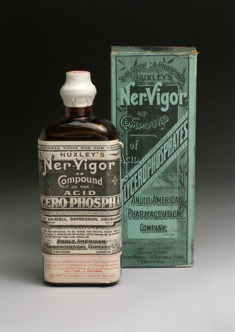 Bottle of "Ner-Vigor", with instructions, in original carton, by the Anglo-American Pharmaceutical Co. Ltd., English. Front view of bottle and packet. Graduated grey background. c. Science Museum, SSPL