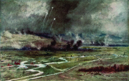 A painting of a landscape, showing a sky thick with smoke. On the ground, there is a valley with the Aisne river at the bottom. On the far bank, there are multiple explosions with smoke billowing up.