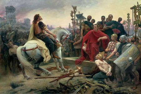 Julius Caesar accepts Vercingetorix's defeat after the battle of Alesia. Image Credit: Wiki/Musée Crozatier [Public Domain]